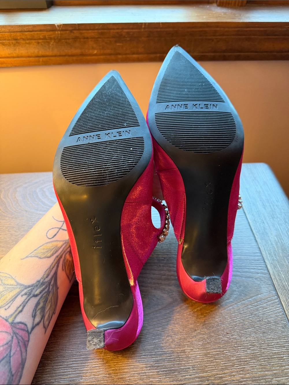 Anne Klein Hot Pink Satin Pointed-Toe Jewel Strap Mules - Picture 3 of 5